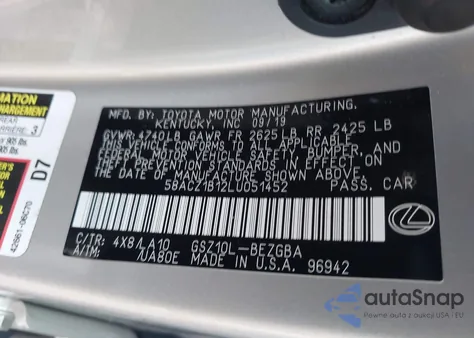 2020 Lexus Es 350 from USA, damaged, VIN 58ACZ1B12LU051452